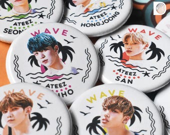 ATEEZ Wave Pinback Button Badges (1.25in / 3.17cm) – Hongjoong, Yeosang, Wooyoung, Jongho, Yunho, Seonghwa, Mingi, San