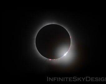 May include: A total solar eclipse, with the sun's corona visible as a bright ring around the moon.