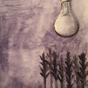 May include: An original watercolor painting depicts a surreal scene. A large lightbulb hangs from above, illuminating a boat with a figure in it, and a row of silhouetted trees against a purple sky.