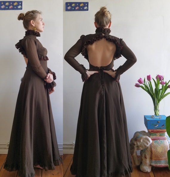 70s Jean Varon Maxi Dress. XS. Open Back, Ruffles,