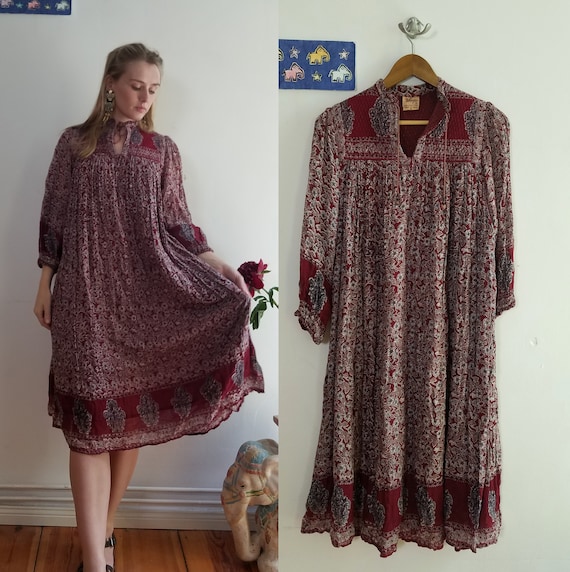 70s Indian Cotton Gauze Dress. Block Printed, Quil