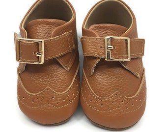 newborn baby boy brown leather dressy casual shoe, fancy baby boy crib shoe, light brown, Baptism, Wedding, Baby shower, first 1st Birthday