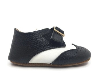 Baby black and white leather dress shoes, Tuxedo Shoe, Baby shower, Baptism, First 1st Birthday, Wedding, Dressy Casual Crib Shoe