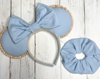 Cinderella blue Mickey ears, Icy Blue Mickey ears, Minnie Ears, Mouse Ears, Light blue Minnie Mouse Ears, Wood Mickey ears, Blue scrunchie