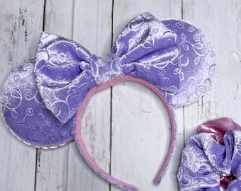 Tangled inspired Mickey ears, Rapunzel Minnie ears, Purple Velvet Mickey ears, Pascal Mickey ears, Pink scrunchies, velvet scrunchies