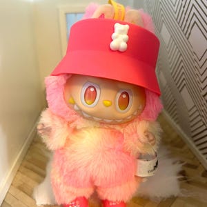 Pink bucket hat and matching shoes for labubus, labubu accessories
