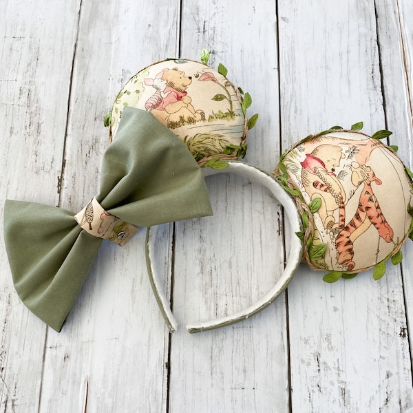 Winnie the pooh Mickey ears with removable bow, Disneyland, Greenery Minnie ears, Handmade gifts, Disney Classics