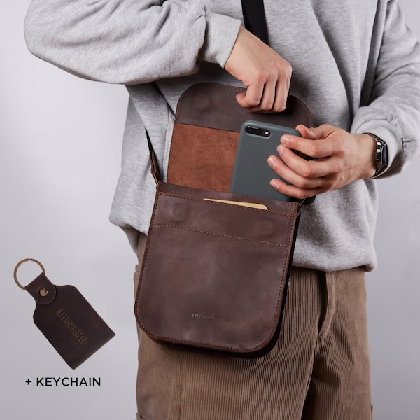 Men Genuine Leather Shoulder Bag, Men's Retro Messenger Bag, Crossbody Bag, Mobile Phone Pocket Bag, Handbag Bag Gift for Wedding Birthday