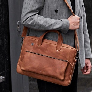 Minimalist bag laptop sleeve, Leather MacBook messenger bag, custom name crossbody briefcase, laptop ASUS, Surface, Dell, HP handle case image 2