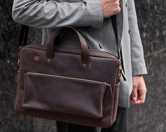 Leather laptop bag for Men | Briefcase for laptop made of genuine leather | Minimalist leather messenger bag with handles and shoulder strap