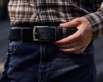 Cinturón de cuero negro de grano completo para hombre – Hecho a mano, ancho, accesorio duradero