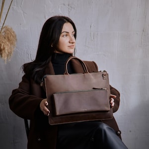 Brown leather laptop bag for MacBook Air 13 15 inch M4 | Personalized leather MacBook case with shoulder strap | Custom MacBook case for Her