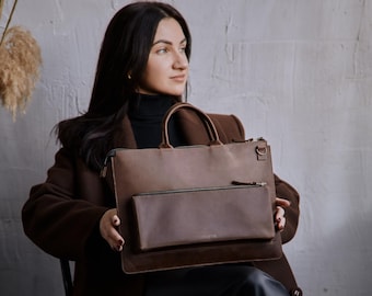 Brown leather laptop bag for MacBook Air 13 15 inch M4 | Personalized leather MacBook case with shoulder strap | Custom MacBook case for Her