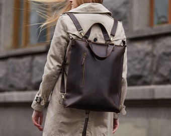 Leather convertible backpack purse women, brown/cognac laptop shoulder tote bag, custom minimalist city backpack 2in1, genuine leather tote