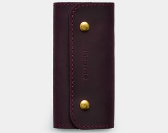 Leather Key Wallet: Compact Key Case, Four Metal Hooks, Foldover Flap