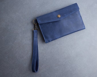 Porte-monnaie portefeuille en cuir pour homme, grand sac pour homme pour téléphone avec poignée bleue, pochette portefeuille en cuir de voyage pour mari/patron