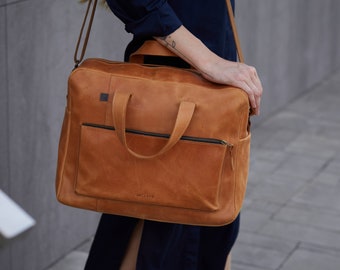 Small Duffle Bag Weekender Bag Women, Luxury School Cognac Genuine Leather, Travel Laptop Briefcase, Business Shoulder Crossbody HandBag