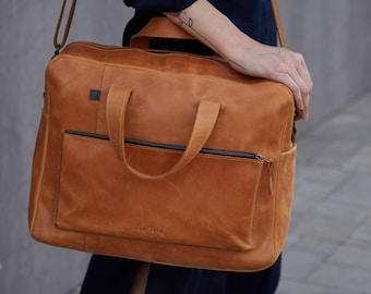 Small Duffle Bag Weekender Bag Women, Luxury School Cognac Genuine Leather, Travel Laptop Briefcase, Business Shoulder Crossbody HandBag