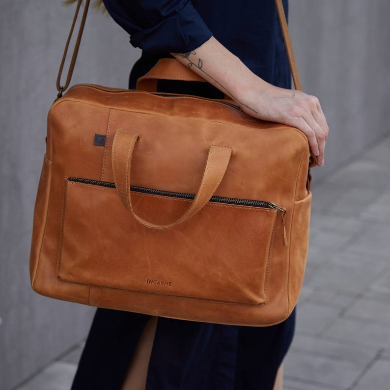 Small Duffle Bag Weekender Bag Women, Luxury School Cognac Genuine Leather, Travel Laptop Briefcase, Business Shoulder Crossbody HandBag image 1