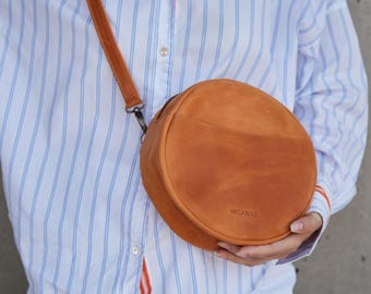 Small Circle Purse: Women Leather Crossbody Bag, Minimalist Shoulder Bag, Anniversary Gift