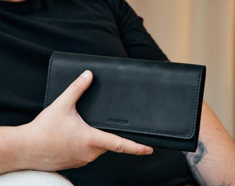 Long Leather Wallet: Magnetic Flap Clutch, Phone and Card Organizer, Unisex Design