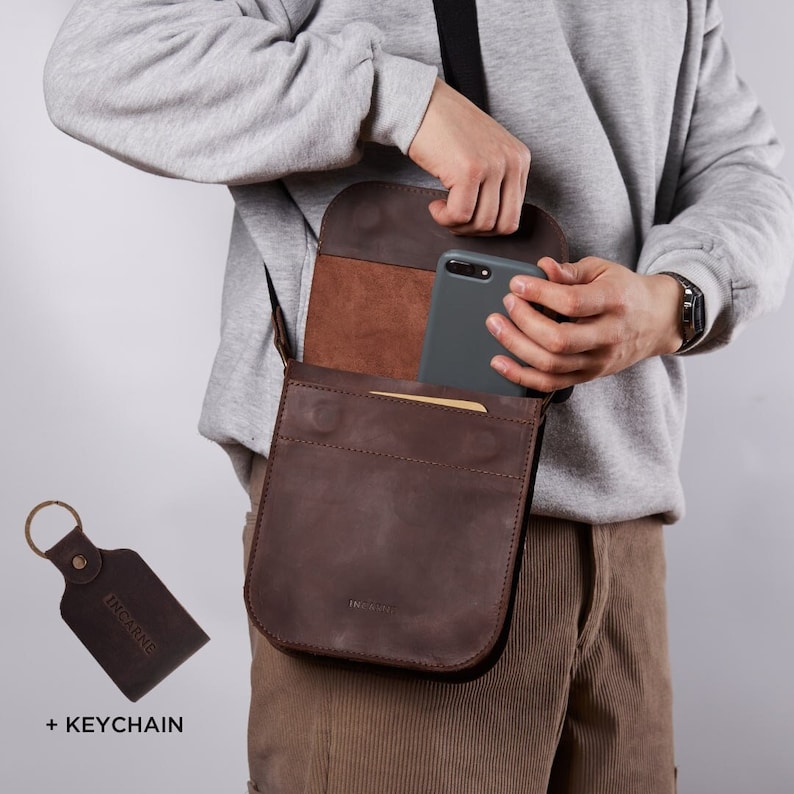 Men Genuine Leather Shoulder Bag, Men's Retro Messenger Bag, Crossbody Bag, Mobile Phone Pocket Bag, Handbag Bag Gift for Wedding Birthday image 1