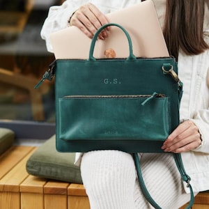 Bolso de cuero, bolso casual de cuero para mujer, bolso para computadora portátil para mujer con correa, bolso de trabajo para mujer, regalo personalizado para esposa, regalo para mamá