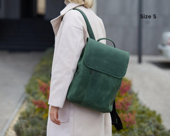 Green Backpack Women Handmade Leather Laptop MacBook Pro 16 