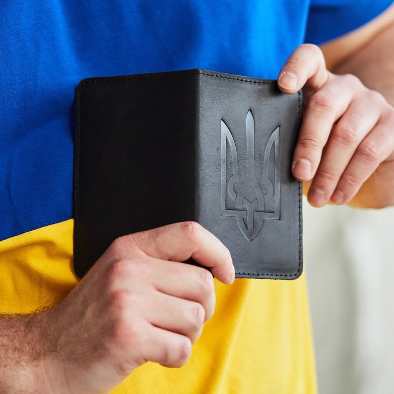 Leather Passport Holder With Ukrainian Tryzub, Trident Passport Cover, Ukrainian Diaspora gift idea, Ukraine sellers Ukraine sellers leather image 4