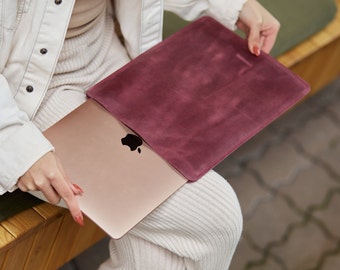 Burgundy MacBook Air M2 Sleeve Leather Case, New 2022 MacBook Pro 13 inch Case, Sleeve Cover 14 inch, Minimalist Simple MacBook M1 2021