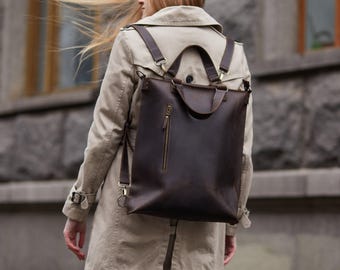 Plecak damski z rozkładaną torbą ze skóry: torba 2 w 1 i torba na laptopa, minimalistyczny styl miejski