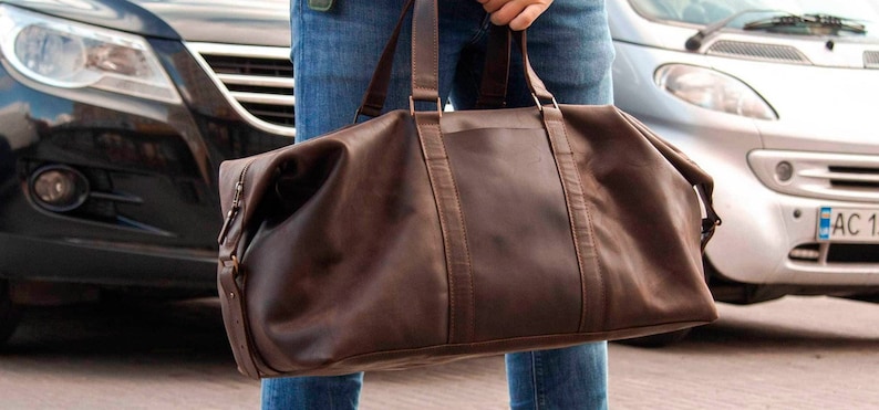 Travel Weekender Bag Real Leather Duffle Bag Men Personalized Gift Overnight Bag Engraving Large Bag Man Dad Day Present image 6