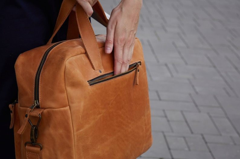 Small Duffle Bag Weekender Bag Women, Luxury School Cognac Genuine Leather, Travel Laptop Briefcase, Business Shoulder Crossbody HandBag image 6