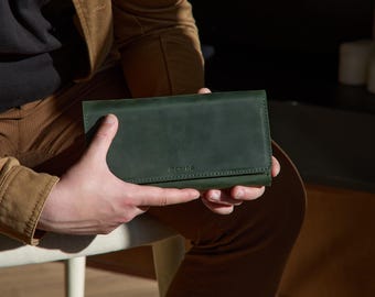 Leather Wallet for Men: Long Phone Clutch, Cash and Passport Holder, Hidden Magnetic Closure