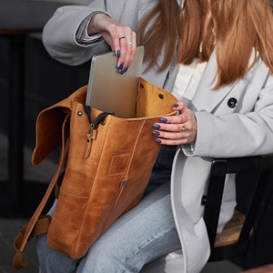 16" laptop bag leather aesthetic backpack, engraved college city bag for laptop (MacBook, Lenovo, Dell, HP), custom MacBook Pro bag