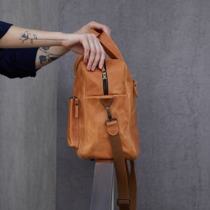 Small Duffle Bag Weekender Bag Women, Luxury School Cognac Genuine Leather, Travel Laptop Briefcase, Business Shoulder Crossbody HandBag image 5