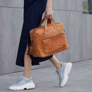 Small Duffle Bag Weekender Bag Women, Luxury School Cognac Genuine Leather, Travel Laptop Briefcase, Business Shoulder Crossbody HandBag image 2