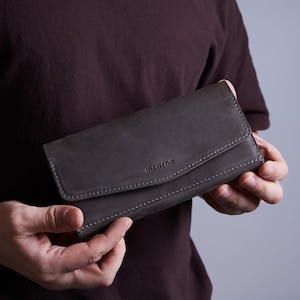 Clutch de couro personalizada - presentes de aniversário estilosos para ela | Carteira de couro cinza com zíper para ela | Carteira de couro vintage | Presentes