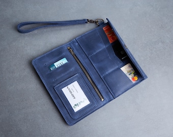 Portefeuille en cuir pour homme, grand sac pour homme pour téléphone avec poignée bleue, pochette de voyage en cuir, cadeau de Noël pour mari/patron