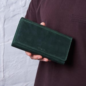 Cartera larga de piel verde para mujer / Cartera larga de piel personalizada / Cartera minimalista de piel para novia / Regalos para ella