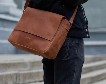 Work Bag Men, Law Grad Briefcase for men, Brown Leather Laptop Briefcase, Minimalistic Messenger Bag with Personalization, Father Day Gift