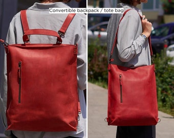 Sac à dos convertible en cuir rouge, sac à dos pour femme City Purse Backpack en cuir personnalisé minimaliste pour ordinateur portable fourre-tout sac à dos, meilleur cadeau pour elle