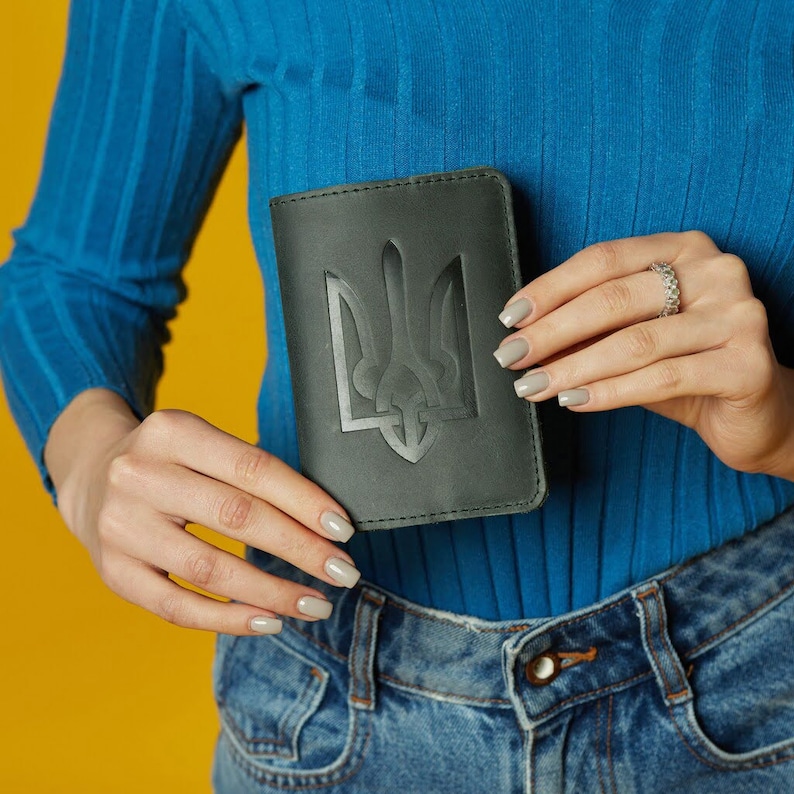 Leather Passport Holder With Ukrainian Tryzub, Trident Passport Cover, Ukrainian Diaspora gift idea, Ukraine sellers Ukraine sellers leather image 8