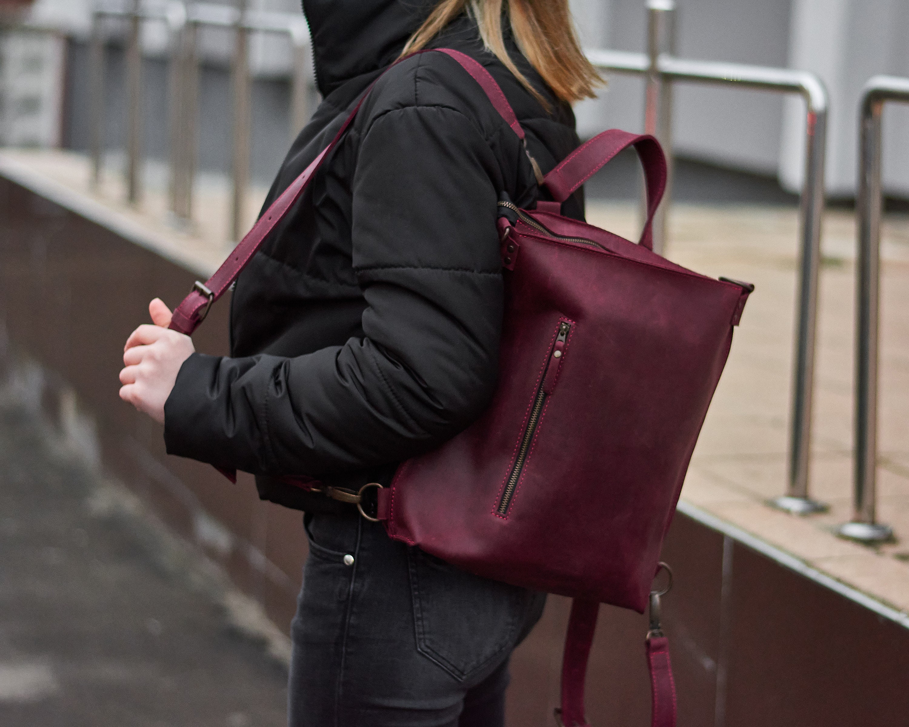Convertible Backpack Purse Burgundy Leather Backpack Wine image