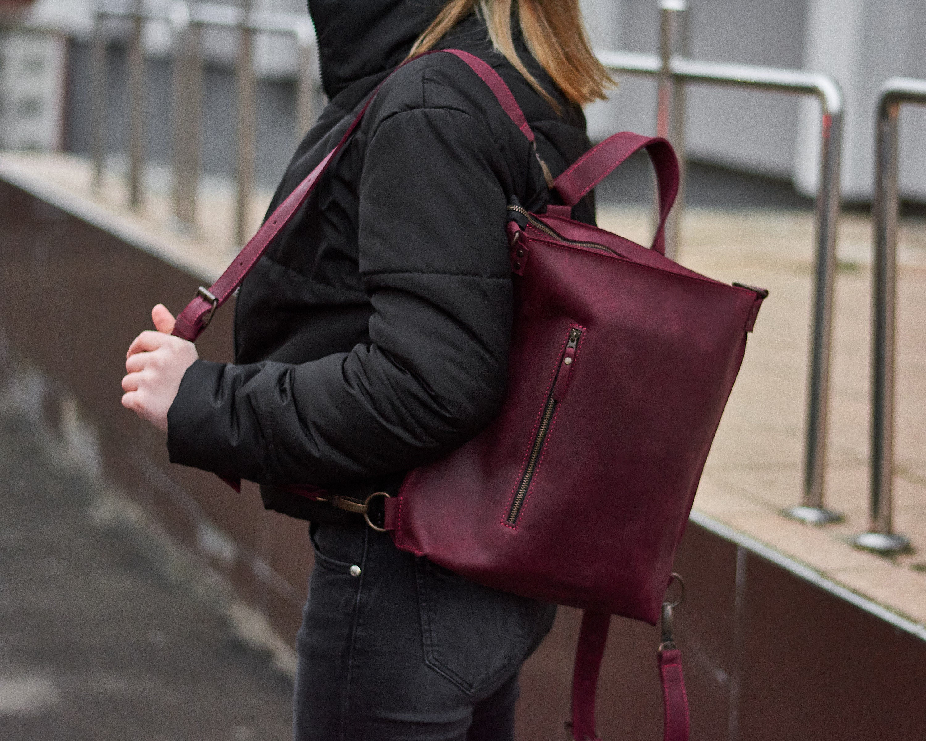 Cognac Brown Leather Convertible Backpack Shoulder Bag - The Waves