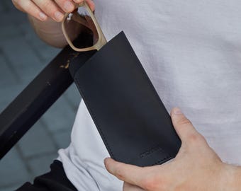 Black Leather Sunglasses Case: Slim Handmade Eyeglass Sleeve, Fast US Shipping