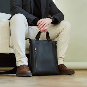 Black leather city backpack 2in1 with monogram | Personalized convertible backpack for MacBook Air, Pro 13, 15 inch | Vintage messenger bag