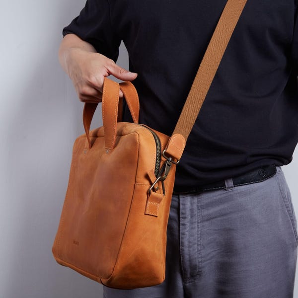 Slim Leather Laptop Messenger Bag: Handmade Briefcase for Him, fits 13–15", Crossbody Satchel
