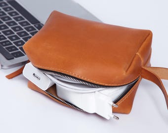 Compact Leather Charger Bag: Travel Cable Organizer, Tech Pouch, Personalization Option