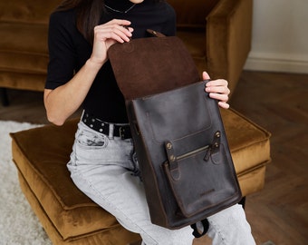Wednesday Backpack Bag Convertible Gothic Brown Purse Women Leather Messenger Minimalistic Black Dark Academia Satchel fits 13-in Laptop